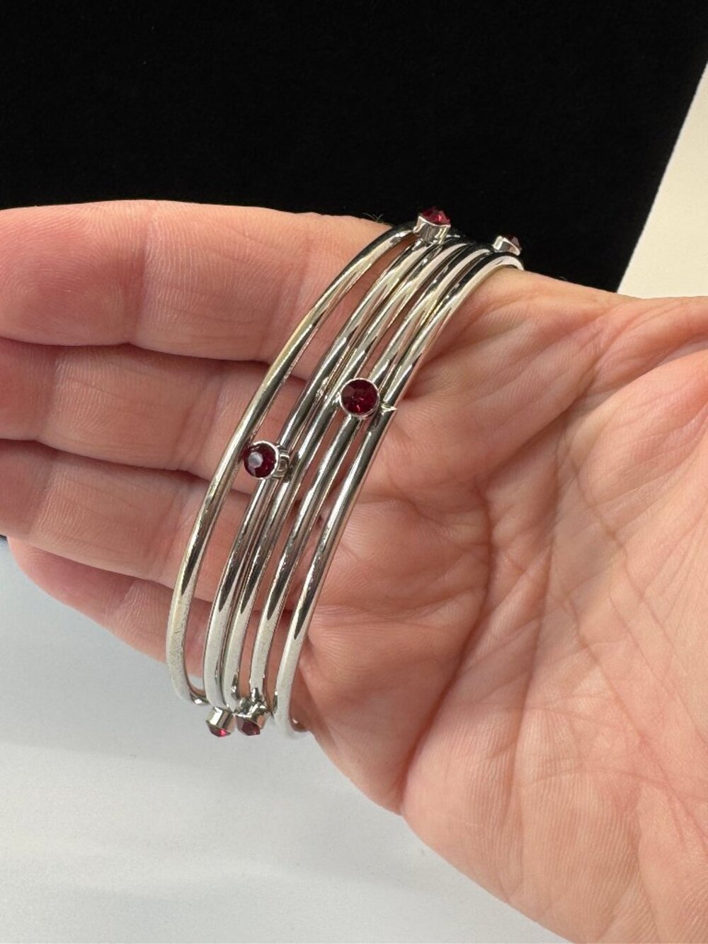 Silver Tone Multi Bangle Set Red Rhinestone Stackable Jewelry